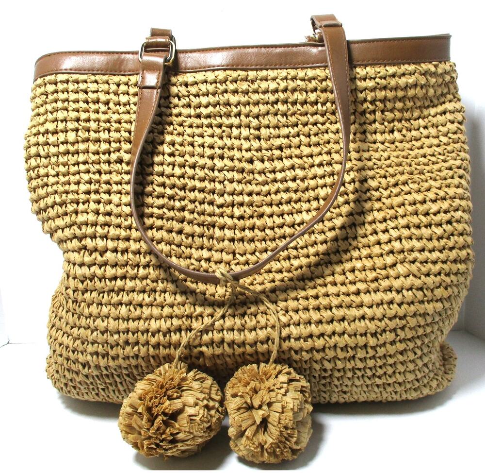 Vintage White House Black Market Tan Woven Straw Tote Purse